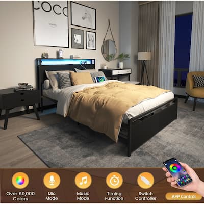 Heavy Duty Metal Bed Frame, Full Size Practical Storage Bed with 2 Drawers, Smart LED Platform Bed Frame with Charging Station