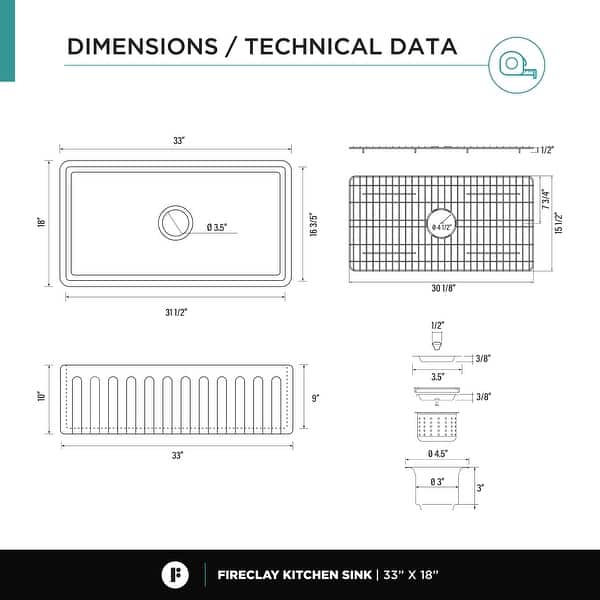 dimension image slide 0 of 2, Premium White Fireclay Kitchen Sink for Home, Farmhouse (Grid & Strainer Included)