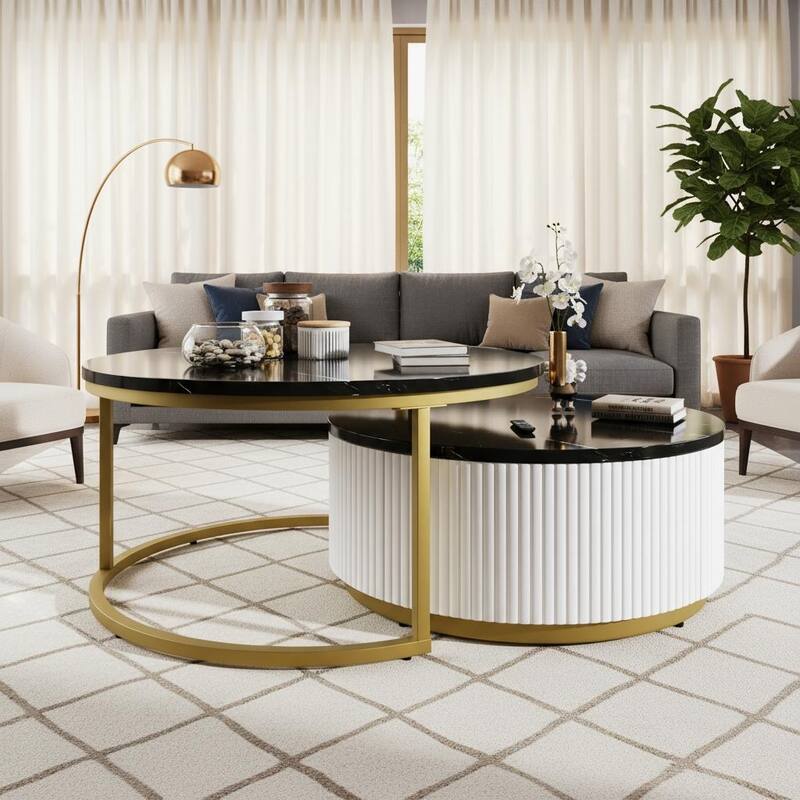 Modern Round Nesting Coffee Table Set with Fluted Base by Harper&Bright Designs - Black