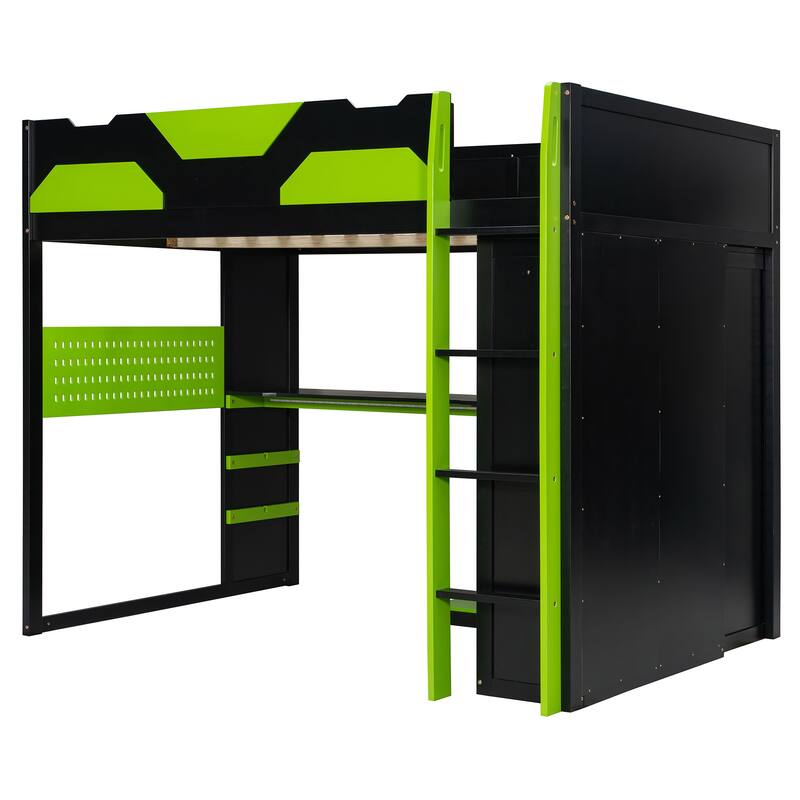 All-in-one Esports Gaming & Work Loft Bed with Adjustable Desk, LED, Charging Station, Pegboard, Storage Shelves and Wardrobe