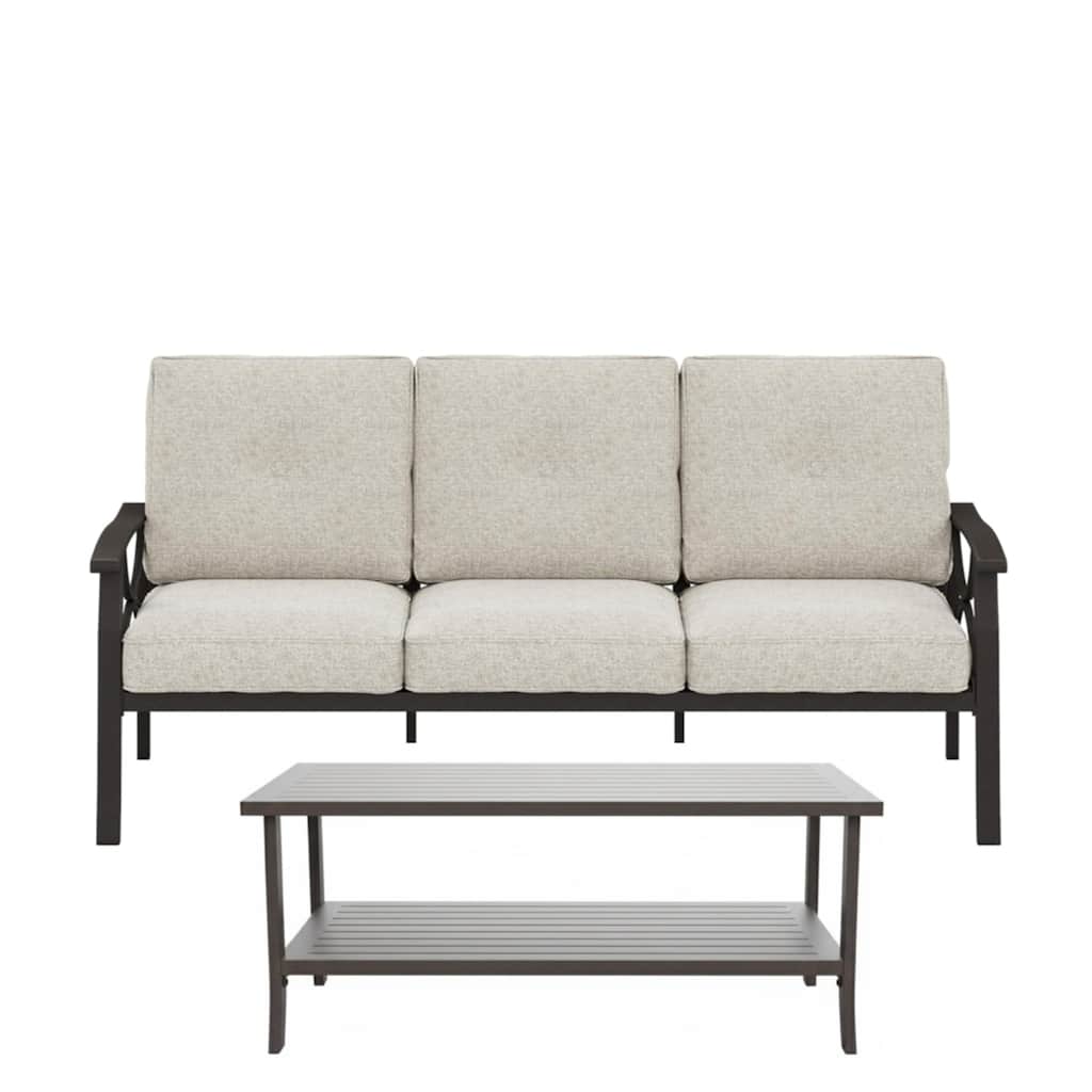70" 3-Seat Patio Sofa and Rectangular coffee Table with Beige Cushions