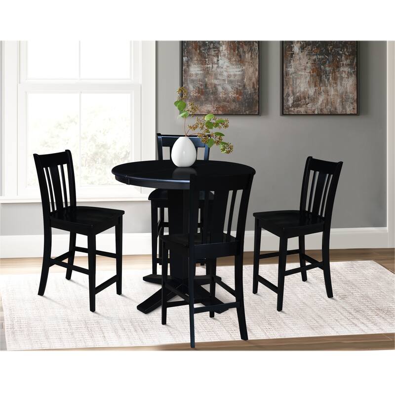 36 in Round Counter Height Extension Dining Table with 12 in Leaf and Stools in Black
