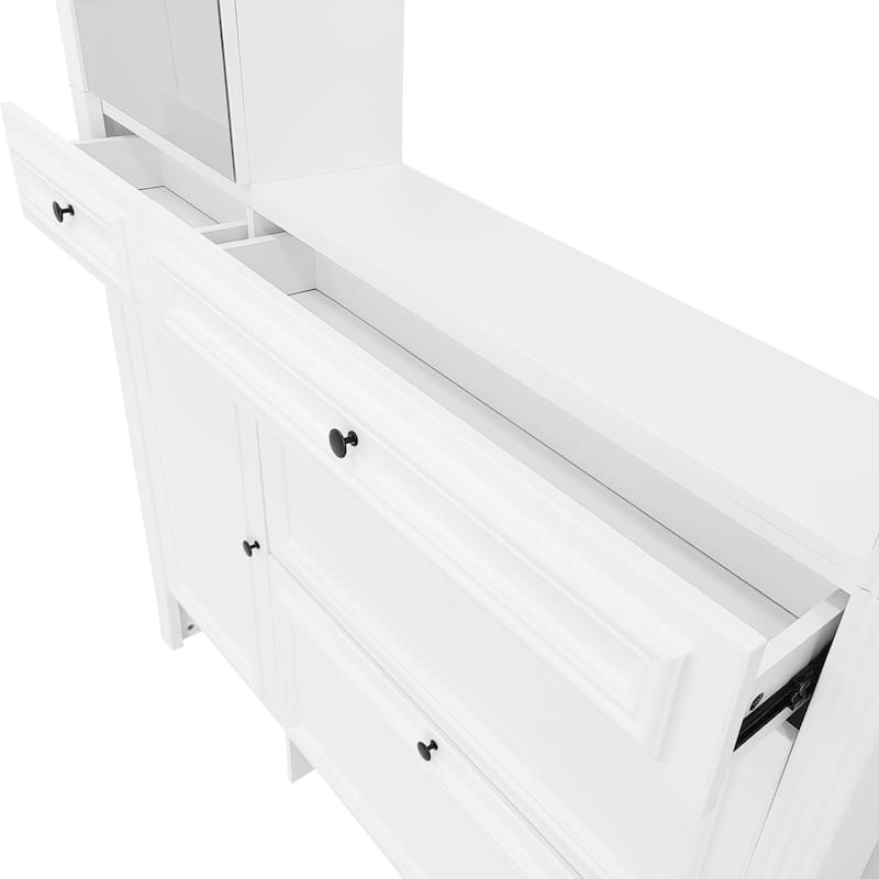 Anmytek White 54.7'' Hall Tree with Integrated Shoe Cabinet and Mirrored Cabinet Door