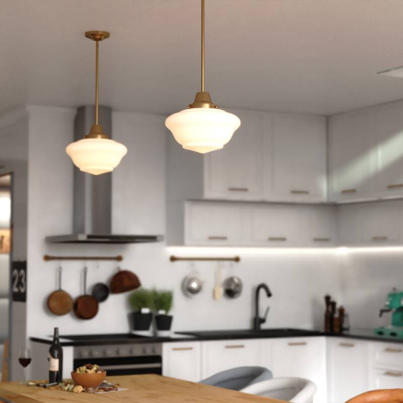 VAXCEL Eastgate 1-Light 12 in. Wide Schoolhouse Mini Pendant, White Frosted Opal Glass Shade, Hanging Ceiling Fixture