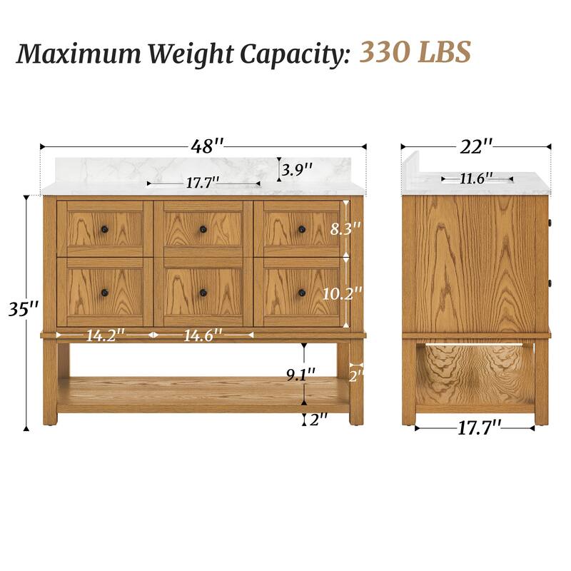 48 Inch Single Bathroom Vanity with 6 Drawers, Marble Top Bathroom Vanity with Sink in White