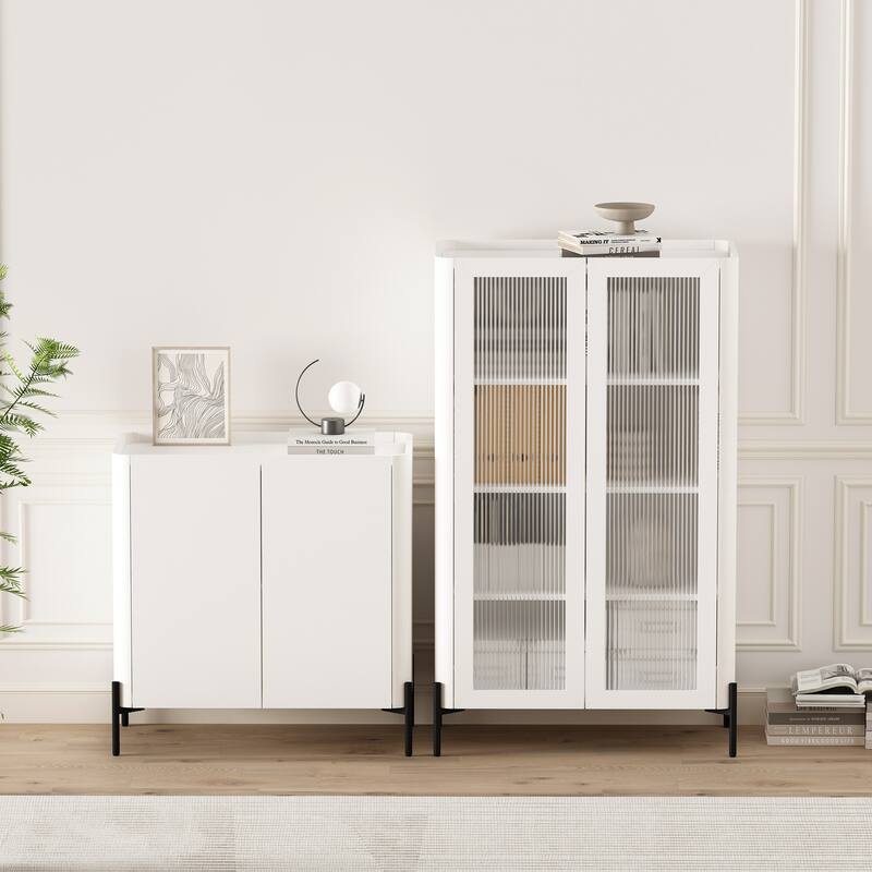 Manhattan Comfort 2-Piece Modern Abbey Tempered Glass Accent Cabinet - White