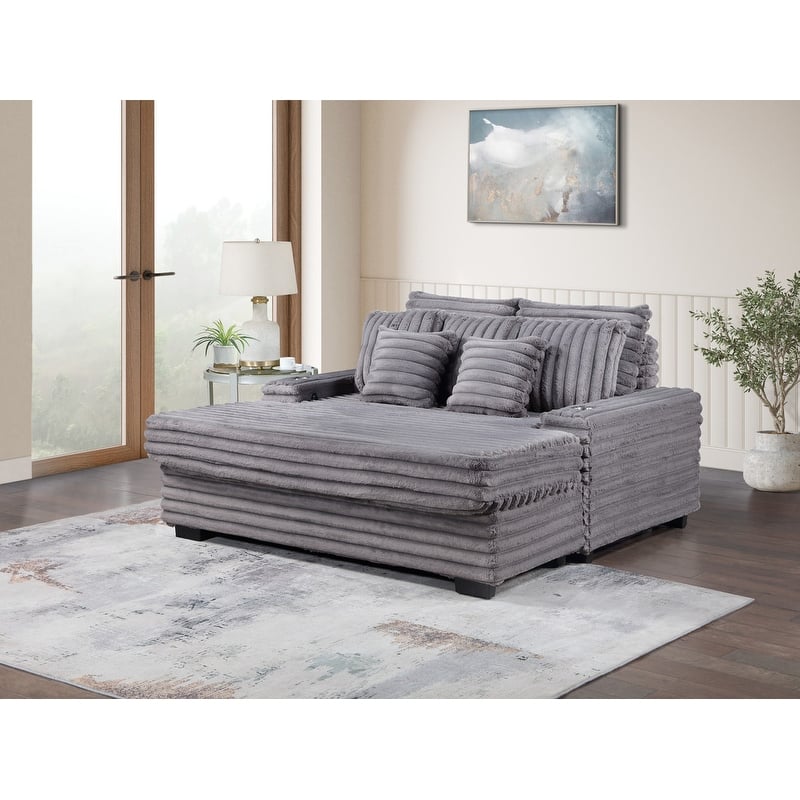 Symphony 67"W Corduroy Oversized Sofa Chaise Lounge Chair with Cupholders and USB Charging Port - Gray