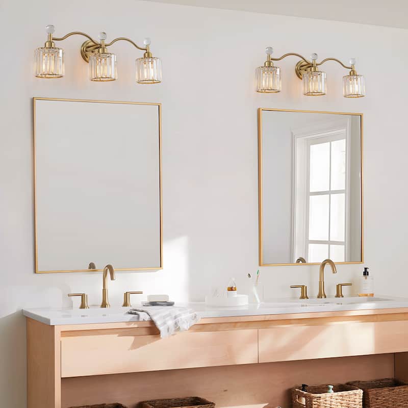 Starsky 3-Light Modern Crystal Bathroom Vanity Fixture with Ribbed Glass Shades and Sparkling Crystal Ball Accents