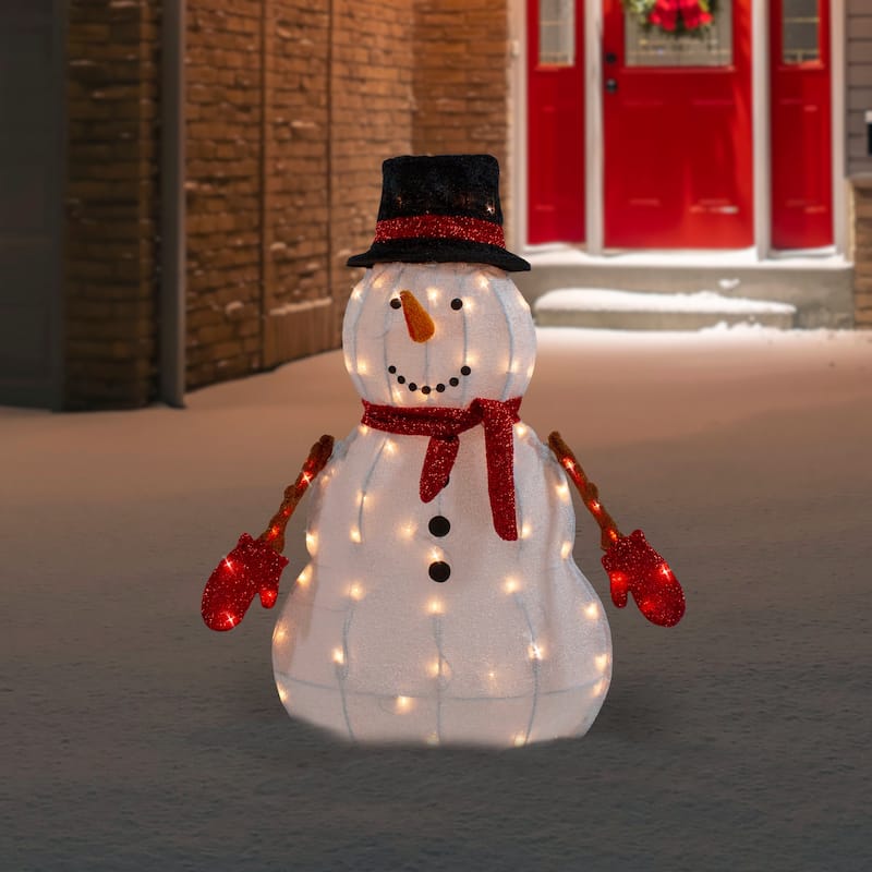 32" Lighted 3D Chenille Snowman in Top Hat Outdoor Christmas Decoration
