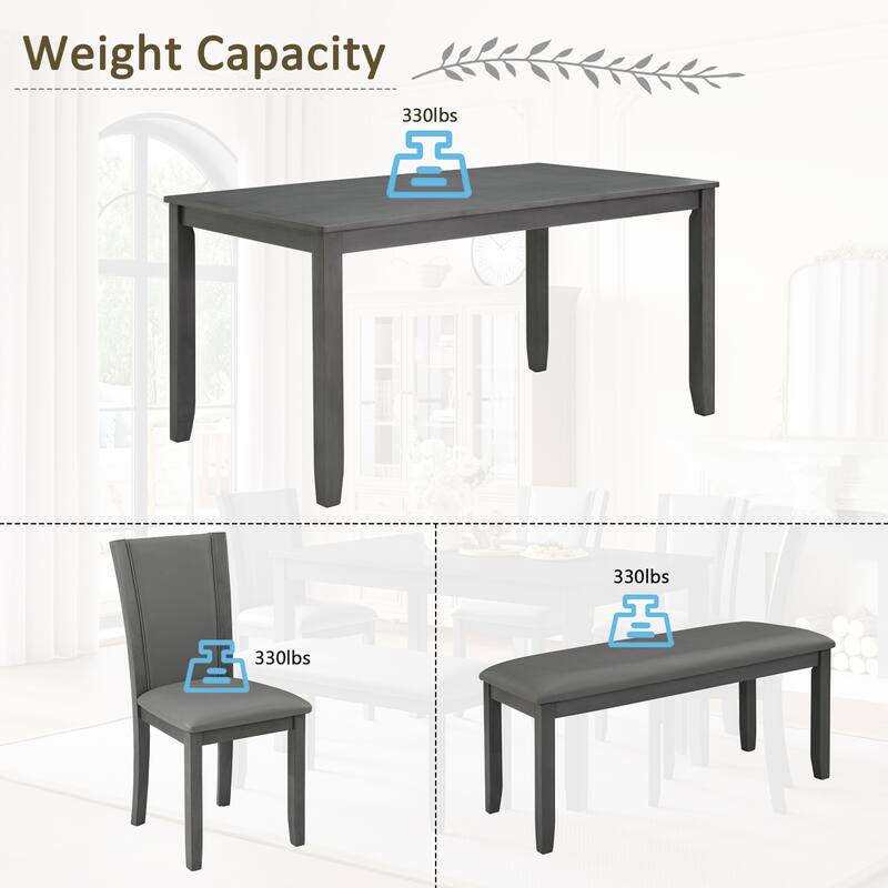6-Piece Wood Grain Dining Table Set with Bench and Waterproof Curved Backrest Chairs, Anti-Slip Footpads