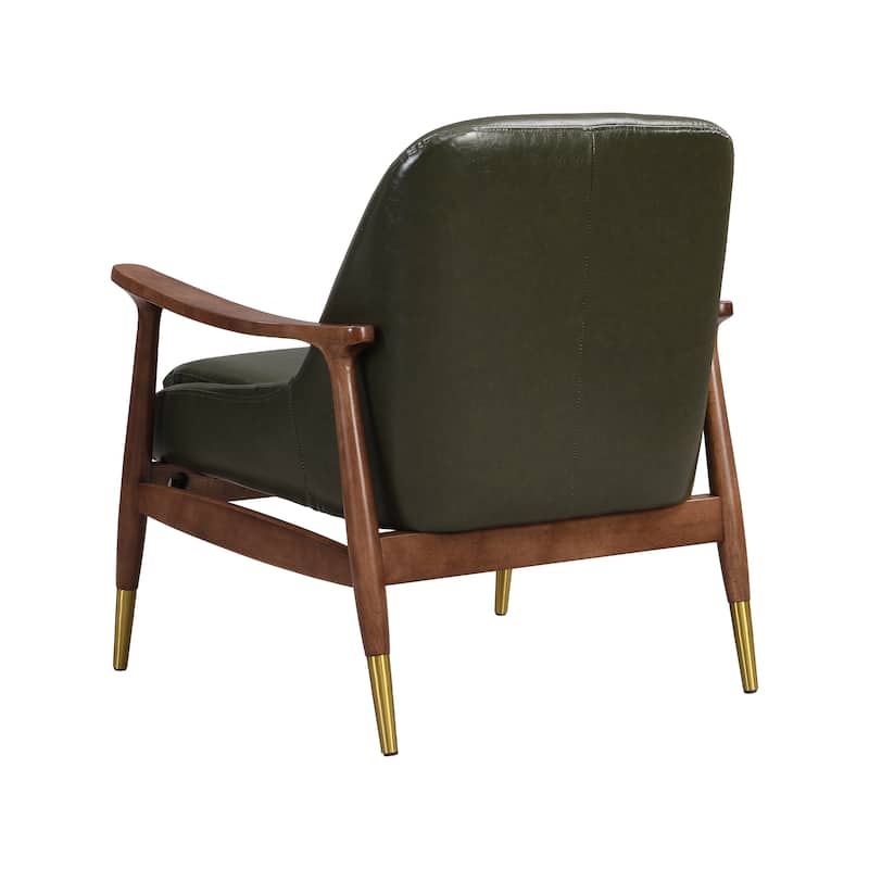Faux Leather Mid-Century Accent Chair with Cushioned Seat, Solid Wood Frame, and Brass-Tipped Legs