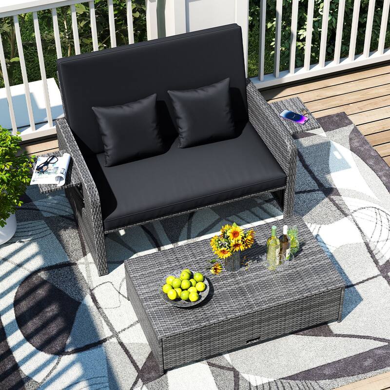 Gymax Rattan Daybed Wicker Loveseat Sofa Set w/ Ottoman & Retractable