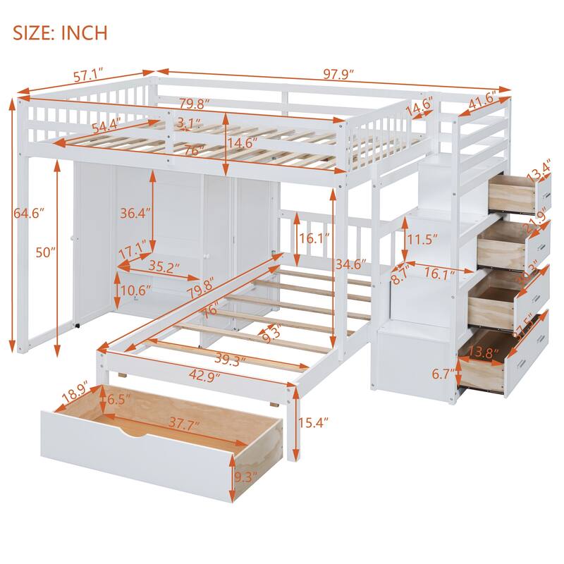 Full Over Twin Bunk Bed with Wardrobe, Drawers, Gray