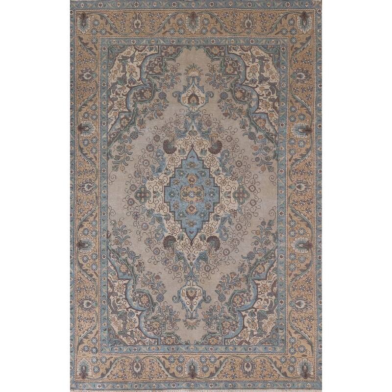 Hand Knotted Oriental 100% Wool Carpet Traditional Floral Beige & Ivories Tabriz Area Rug - 9' 5'' X 6' 5''