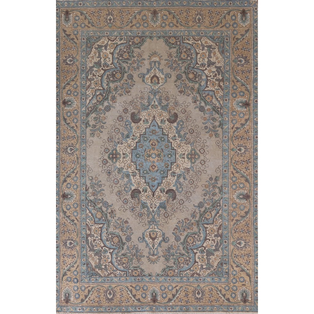 Hand Knotted Oriental 100% Wool Carpet Traditional Floral Beige & Ivories Tabriz Area Rug - 9' 5'' X 6' 5''
