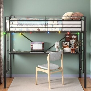 Twin Metal Loft Bed with Built-In Desk, LED Lighting, Power Outlets & USB Ports, Safety Guardrails, Dual Ladders