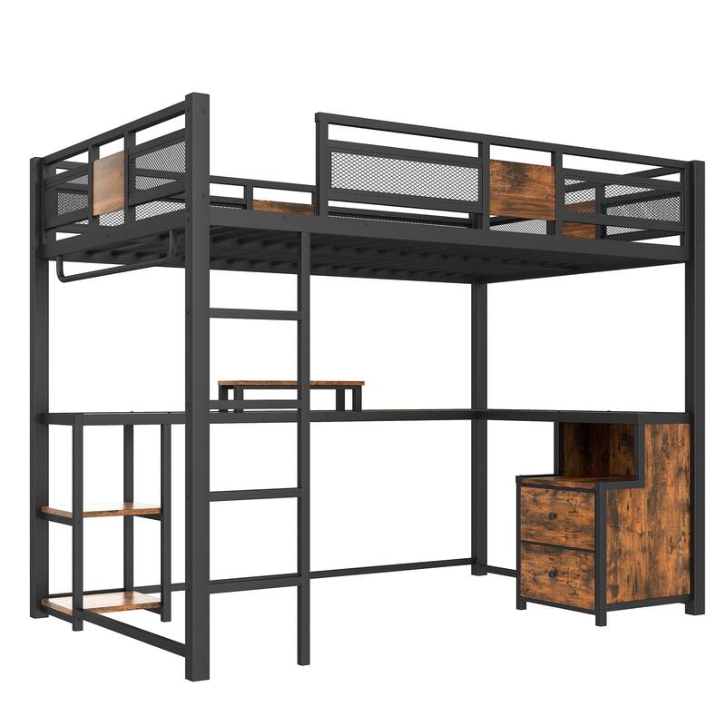 Roomfitters Full Metal Loft Bed with Desk and Fabric Drawers, Heavy Duty Frame with Ladders, Black