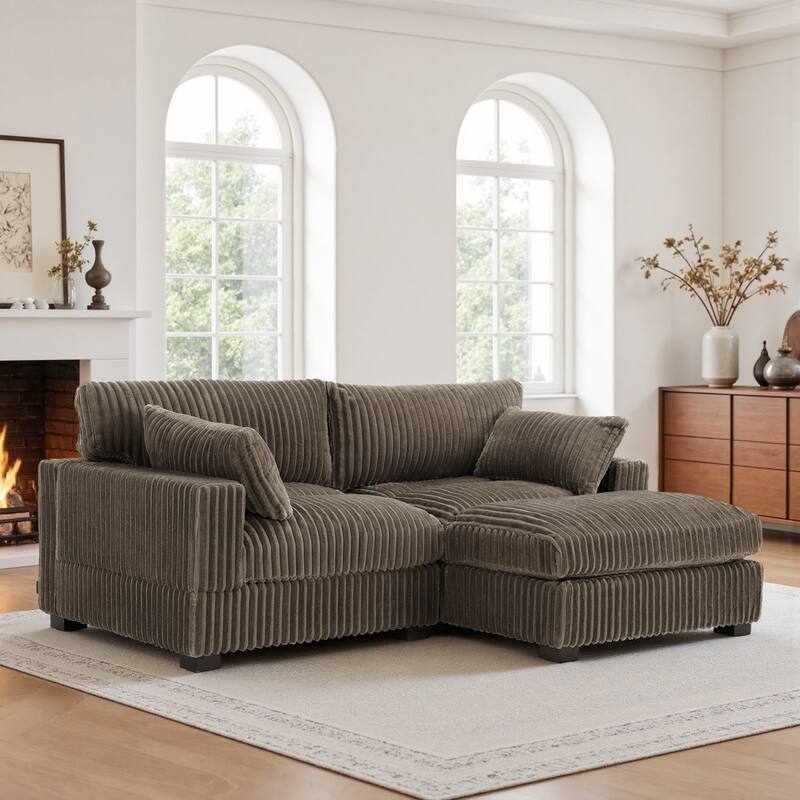 Plush Corduroy Upholstered Modular Sectional Sofa with Chaise - Right Facing - Light Brown-2 Pieces