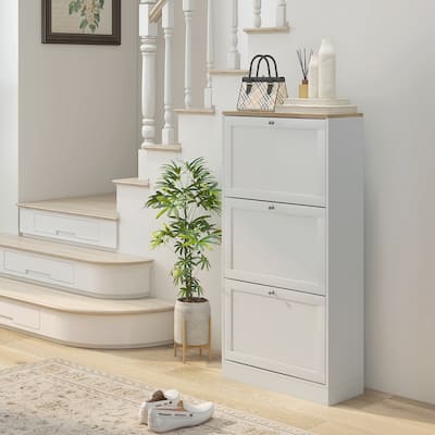HOMCOM Narrow Shoe Storage Cabinet for Entryway with 3 Flip Drawers and Adjustable Shelves