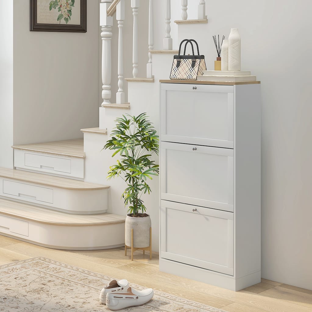 HOMCOM Narrow Shoe Storage Cabinet for Entryway with 3 Flip Drawers and Adjustable Shelves