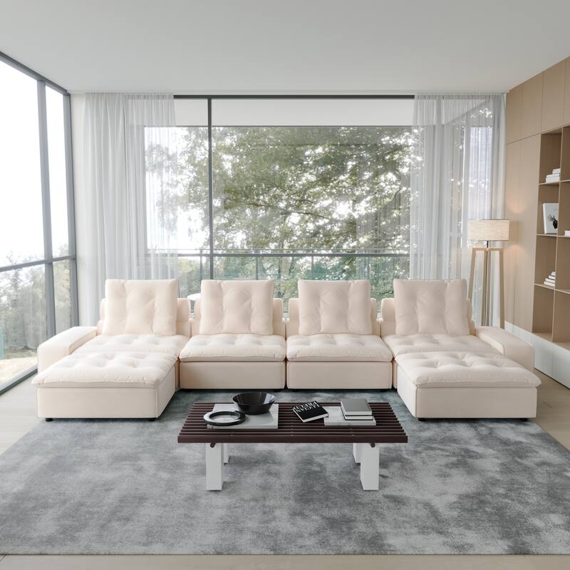 Oversized Down Filled Sectional Couches for Living Room U-Shaped Modular Couch,Adjustable Backrest - Beige-6 seats