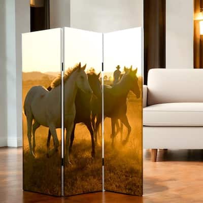 HomeRoots 72" Brown and Black Canvas Folding Three Panel Screen Room Divider - 48' X '72' X '1