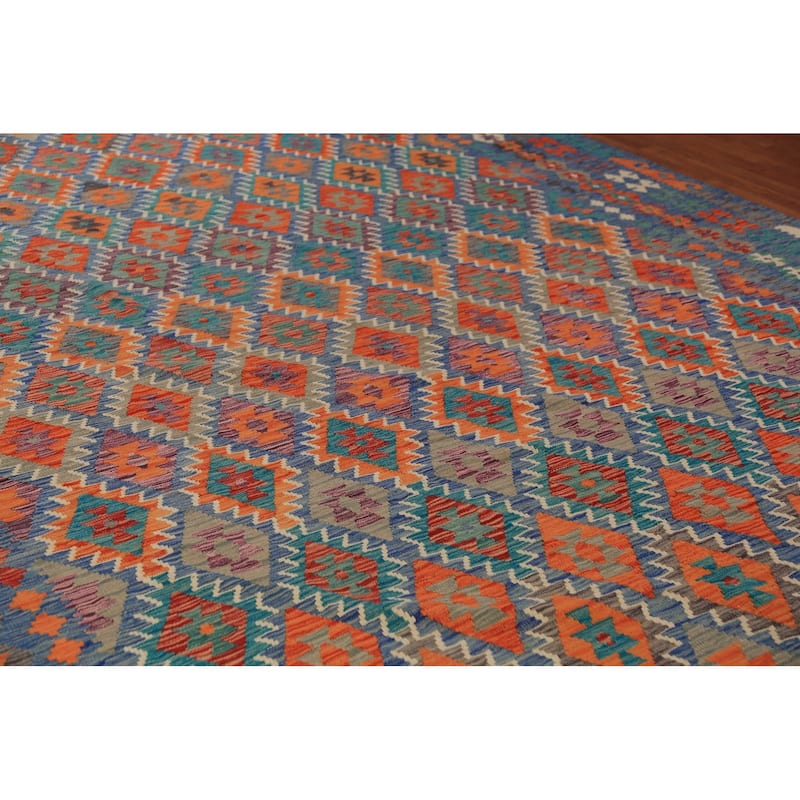 Reversible Blue Kilim Oriental Large Rug Flatweave Wool Carpet - 10'0"x 15'9"