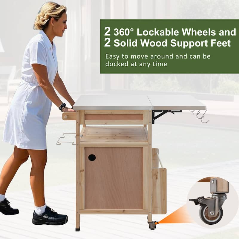 40.5" Outdoor Grill Cart with Stainless Steel Top, Rolling Buffet Serving Cart with Drop Leaf, Patio Kitchen Island Cart