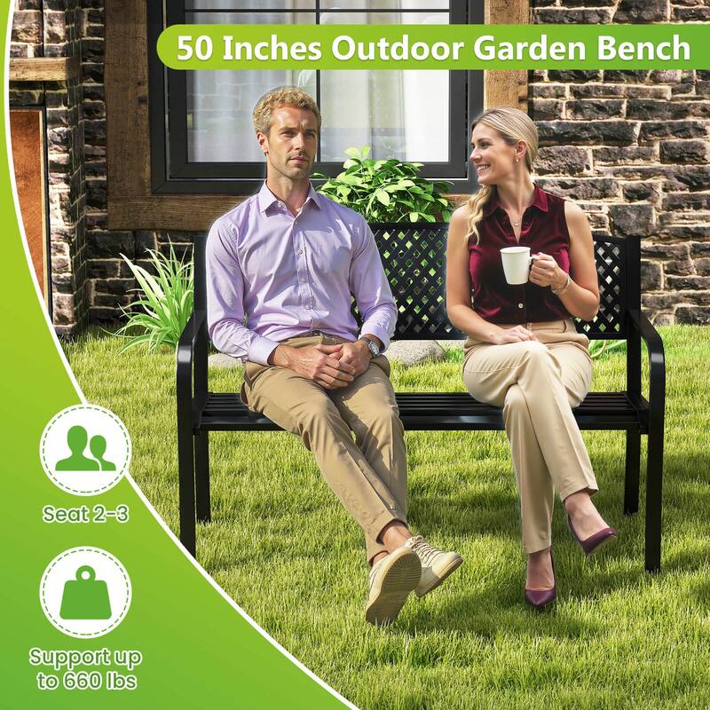 Costway 50 Inches Garden Bench Outdoor Bench with Patterned Backrest
