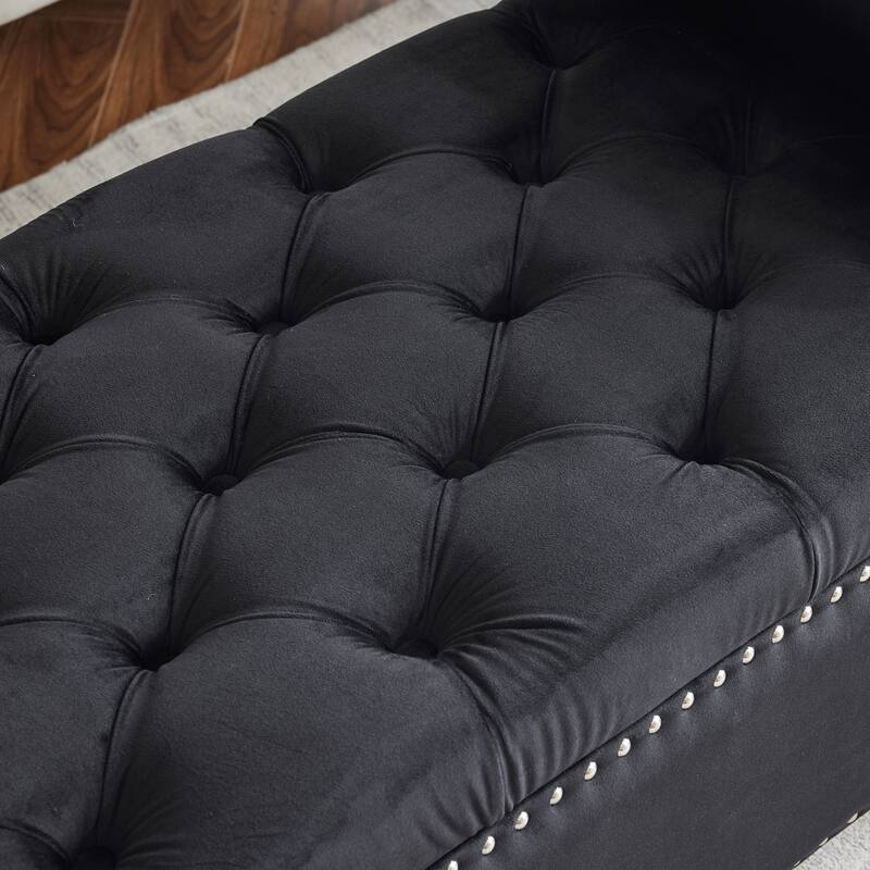 Queen Velvet Tufted Button Upholstered Storage Bench with Armrests and Nailhead Trim