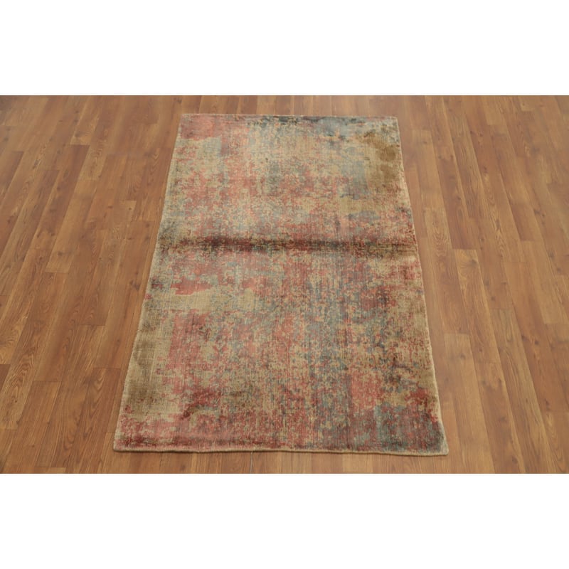 Hand Knotted Oriental Viscose Silk Carpet Modern Abstract Oranges & Rust Abstract Area Rug - 4' 10'' X 3' 1''