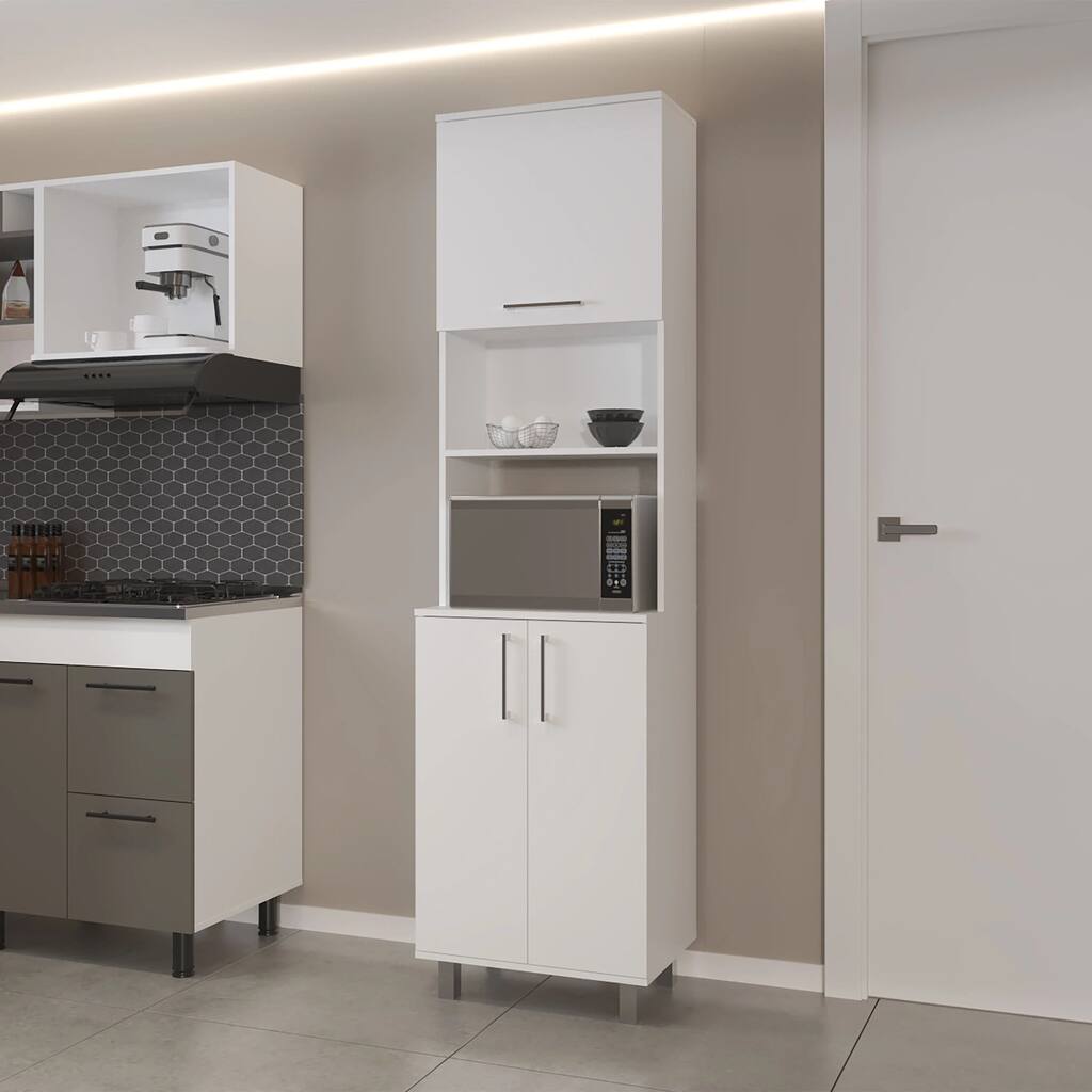 White Kitchen Pantry with 2-Pneumatic Door and Open Storage
