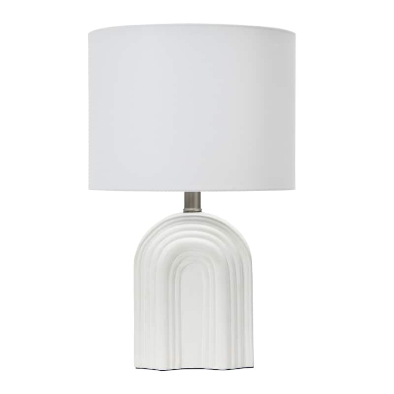 Carved Arch Stoneware Table Lamp with Linen Drum Shade - White