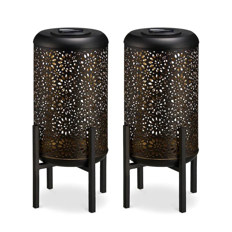 Glitzhome 14.25"H Set of 2 Metal Flower Cutout Solar Lanterns Floor Lantern