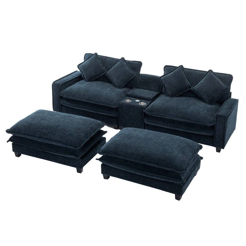 112.6 "Chenille Upholstered Sofa, Two Removable Ottomans, Two USB Ports