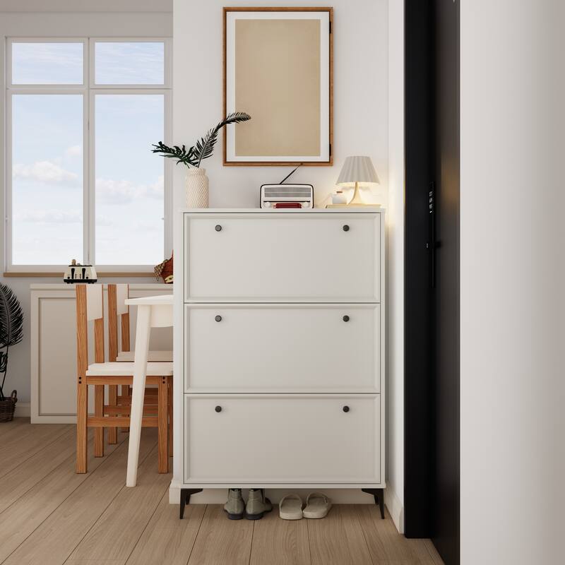 Modern Shoe Cabinet with 3 Flip Drawers, Slim Shoe Storage Organizer, Freestanding Hidden Shoe Rack for Entryway - White