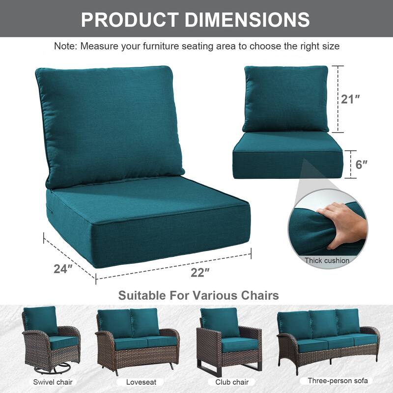 Gymojoy 24"x22"x6" Patio Thick Cushions & Pillows Set - Deep Seat Indoor/Outdoor Water & Fade Resistant