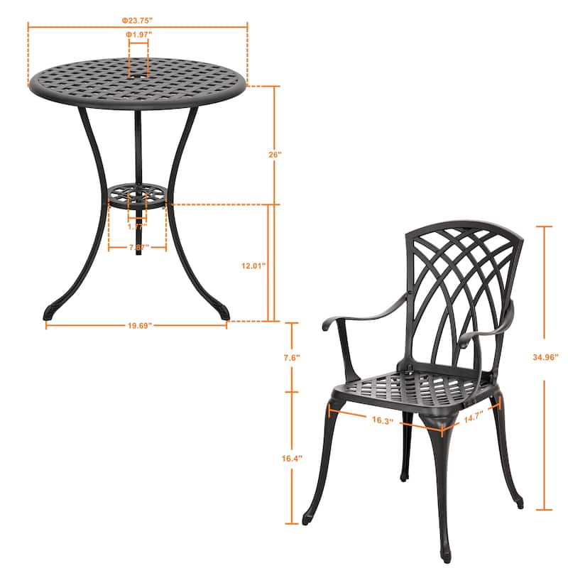 3-Piece Outdoor Patio Bistro Set,24 Inch Cast Aluminum Bistro Table with Umbrella Hole and 2 Bistro Chairs