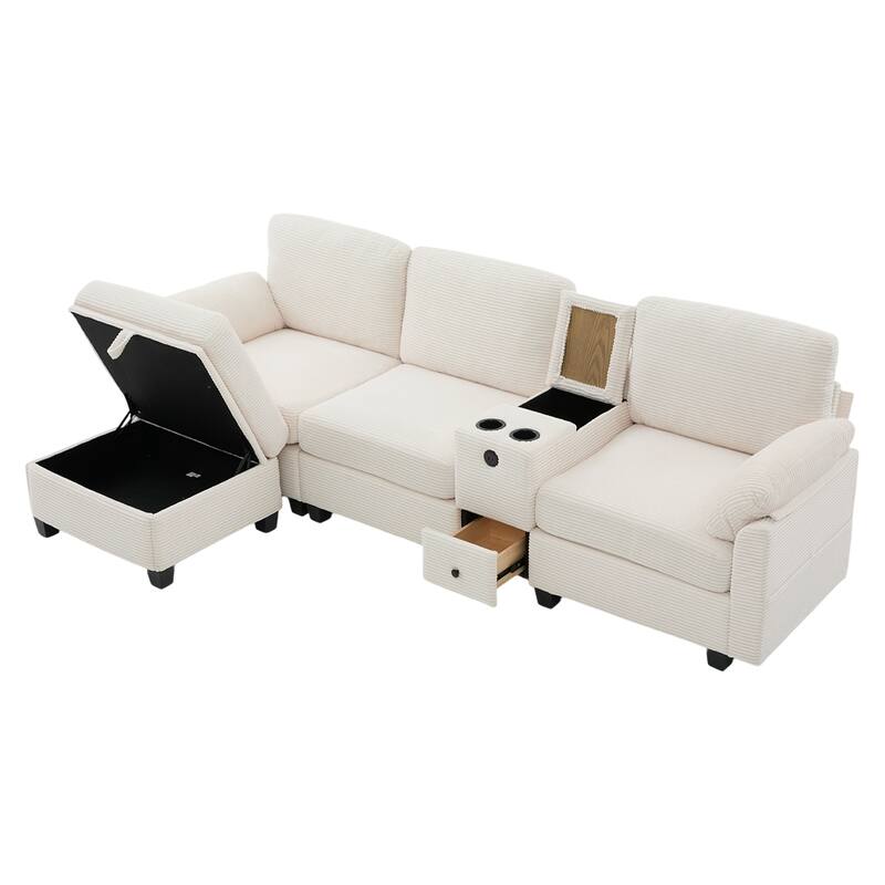 HOMEFUN Corduroy Upholstered L-Shaped 4-seater Storage Multifunctional Sectional Sofa with Storage Ottoman,Cup Holder and USB