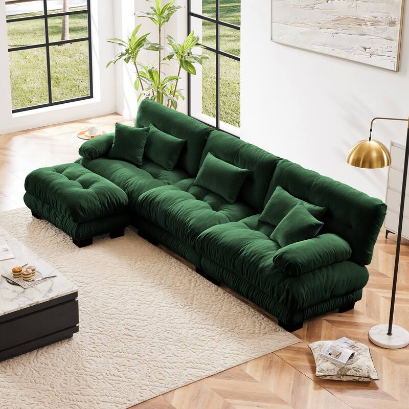 133.8" Chenille L-Shaped Cloud Sectional Sofa with Ottoman