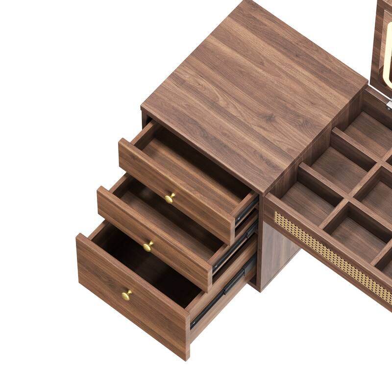 Bohemian Rattan Makeup Vanity Set with Stool, Wooden Vantiy Desk Walnut Dressing Table with Flip-Top Mirror & 3 Drawers
