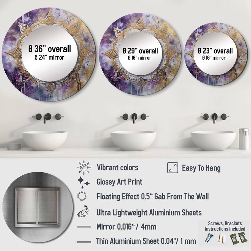 Designart "Purple And Gold Mandala I" Boho Mandala Living Room Mirror - Purple Traditional Round Mirror