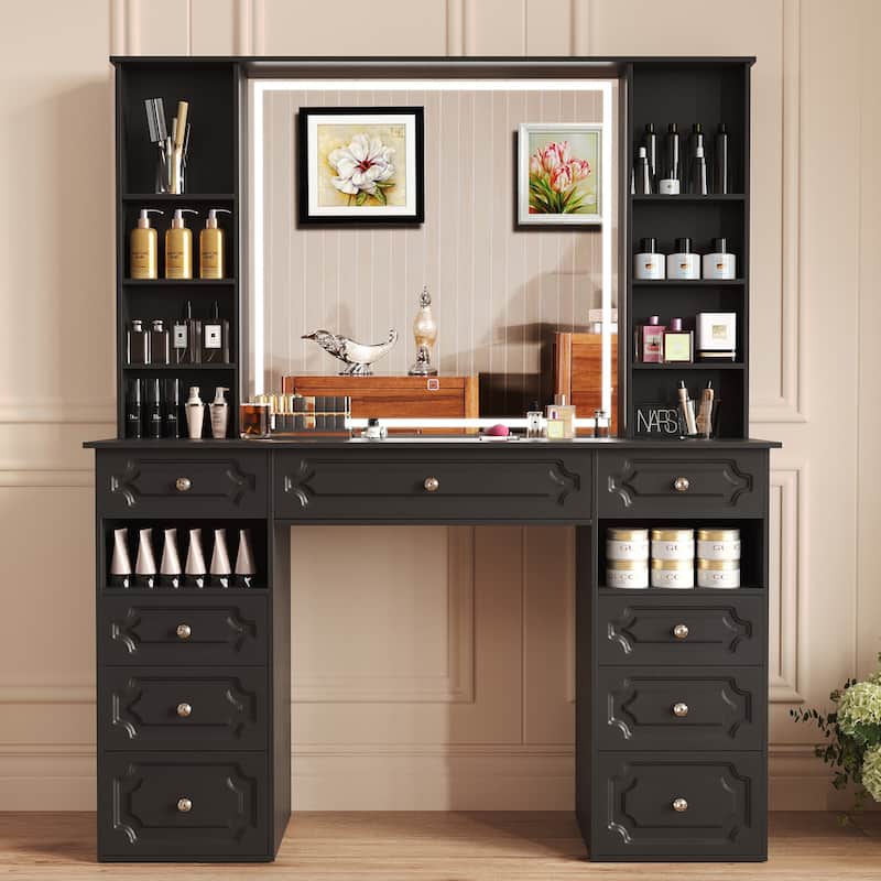 White/ Black Makeup Vanity with Lighted Mirror,Extra Large Vanity Desk with 9 Drawers,European Style Vanities - Black
