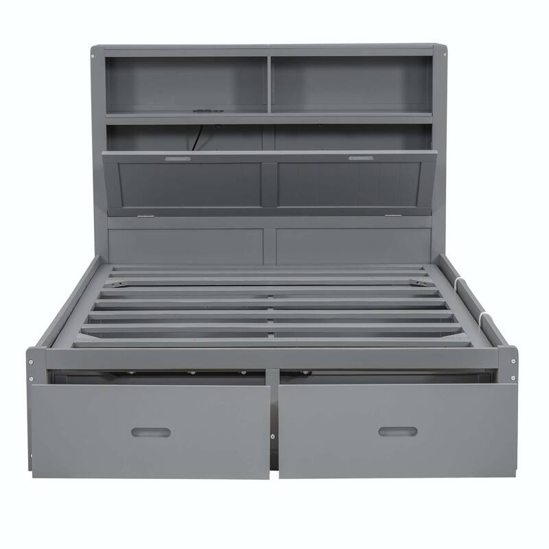 Hydraulic Platform Bed with Storage LED Headboard, Charging Station and 2 Drawers
