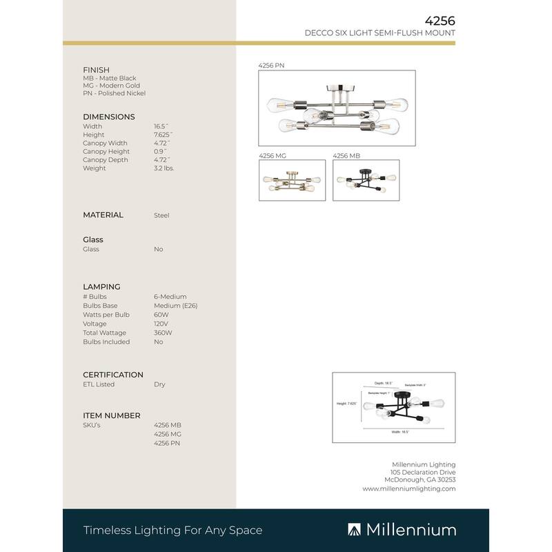 Millennium Lighting Decco 6 Light Pendant Fixture in Matte Black