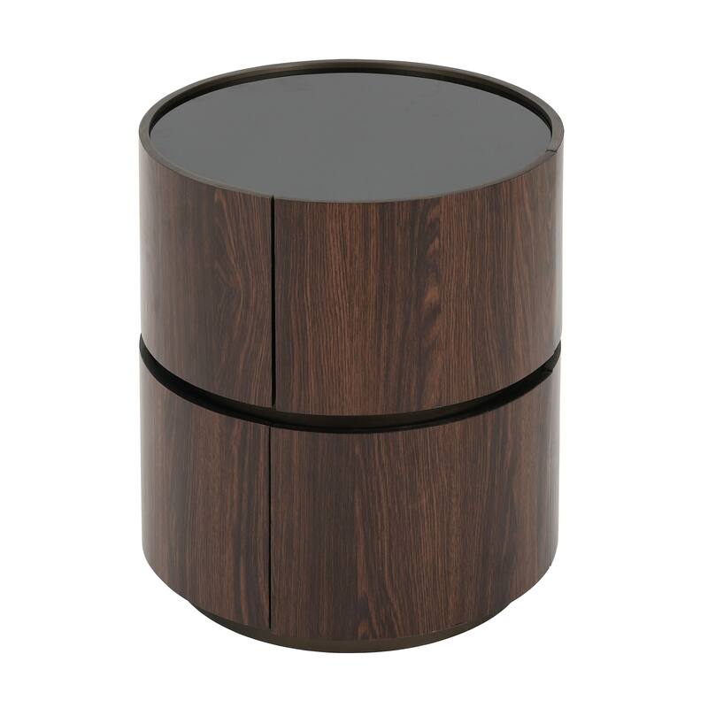 MDF Italian High-Grade Double-Layer Storage Round Side Table, Brown and Black Color