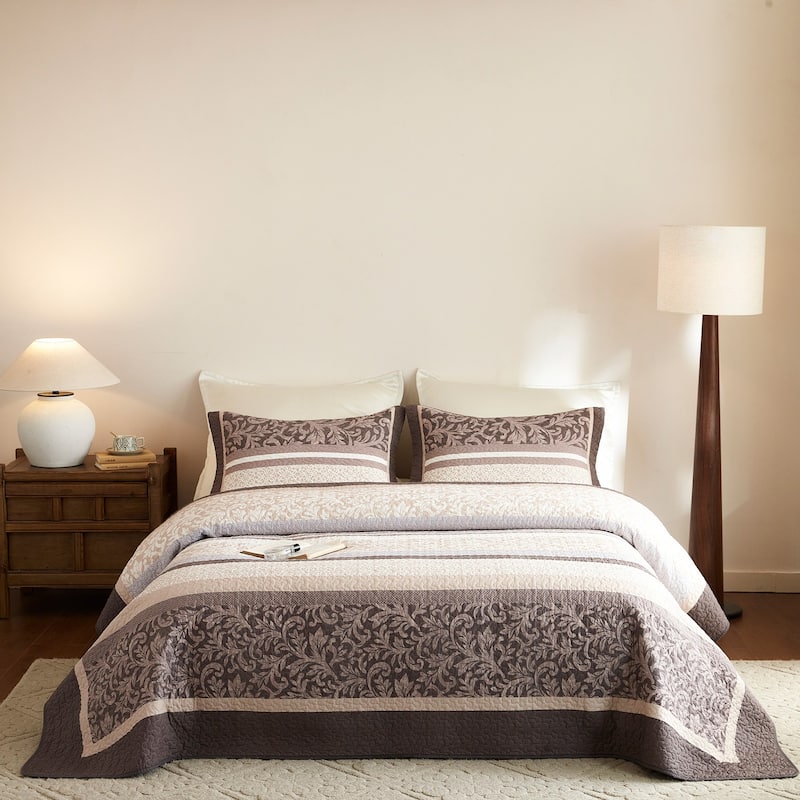 Classic Cottage Floral Cotton Quilt Bedspread Set - Taupe Brown - King