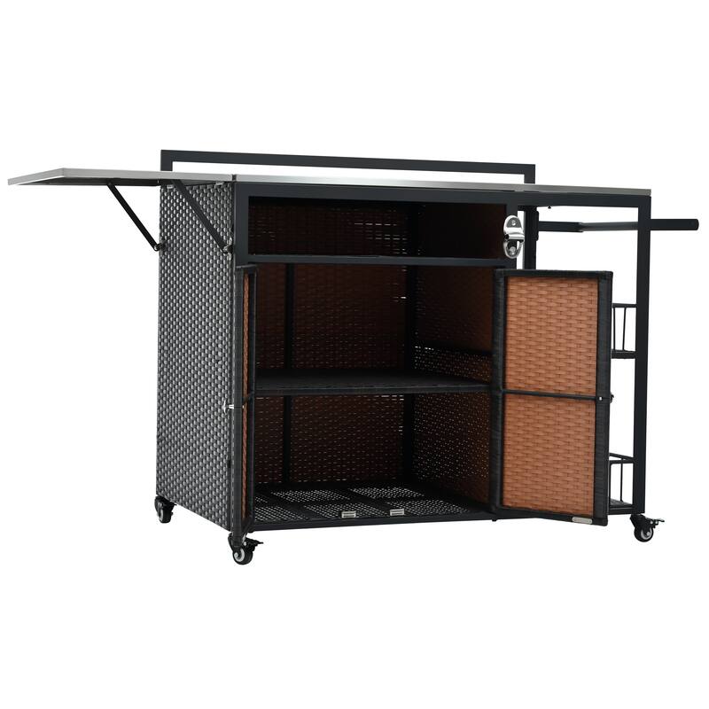 Roomfitters 63.5" Outdoor Kitchen Island Grill Cart with Foldable Side Tabletop and Ample Storage, Dark Brown