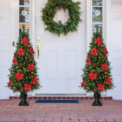 Glitzhome 4ft / 5ft Pre-Lit Pine Artificial Christmas Porch Trees w/ Poinsettia & Red Berries