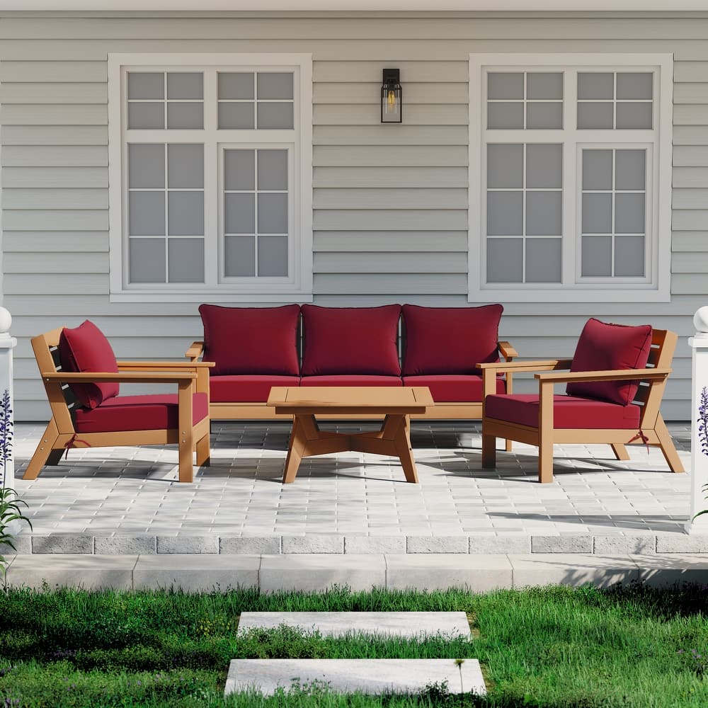 Birchwood All Weather HDPE Outdoor Patio Teak Deep Seating Conversation Set (6-Piece Set)